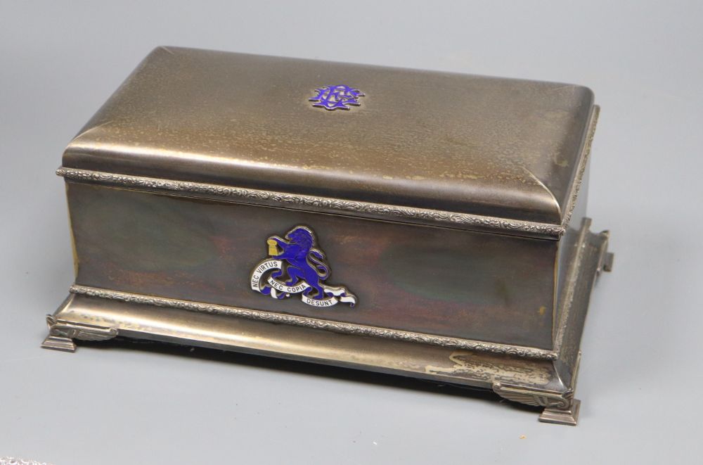 A George VI silver rectangular presentation casket, with enamelled appliques, in a blue leather box